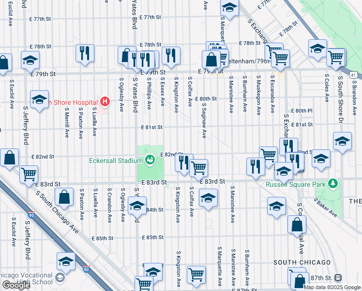 map of restaurants, bars, coffee shops, grocery stores, and more near 8141 South Kingston Avenue in Chicago
