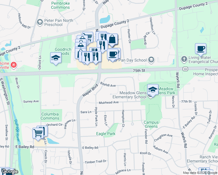 map of restaurants, bars, coffee shops, grocery stores, and more near 1331 Cantigny Court in Naperville