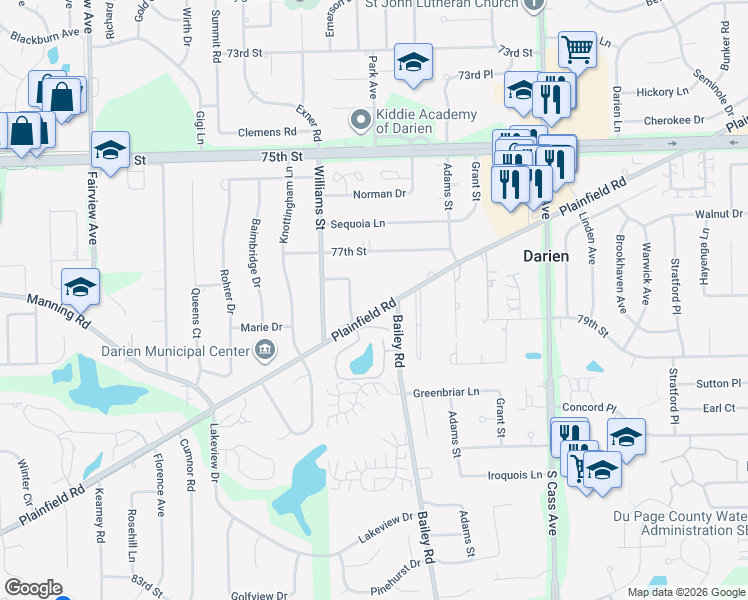 map of restaurants, bars, coffee shops, grocery stores, and more near 1510 Plainfield Road in Darien