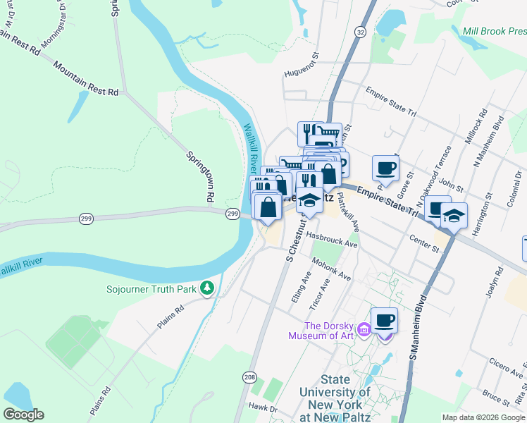 map of restaurants, bars, coffee shops, grocery stores, and more near 3 Main Street in New Paltz