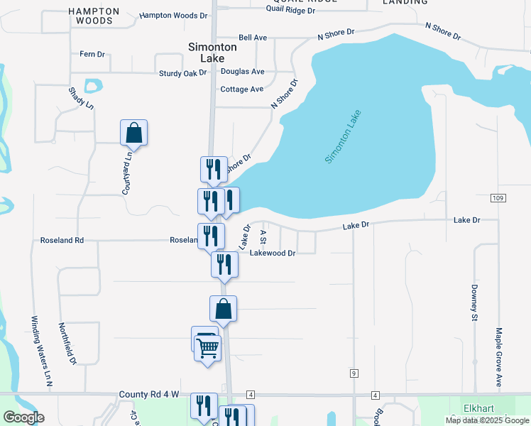 map of restaurants, bars, coffee shops, grocery stores, and more near 26284 Lake Drive in Elkhart