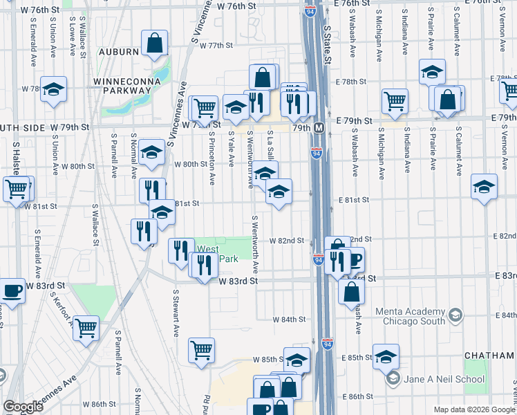 map of restaurants, bars, coffee shops, grocery stores, and more near 8124 South La Salle Street in Chicago