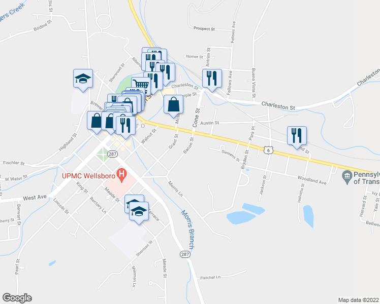 map of restaurants, bars, coffee shops, grocery stores, and more near 11 Bacon Street in Wellsboro