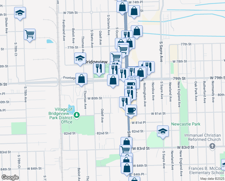 map of restaurants, bars, coffee shops, grocery stores, and more near 7306 West 80th Street in Bridgeview