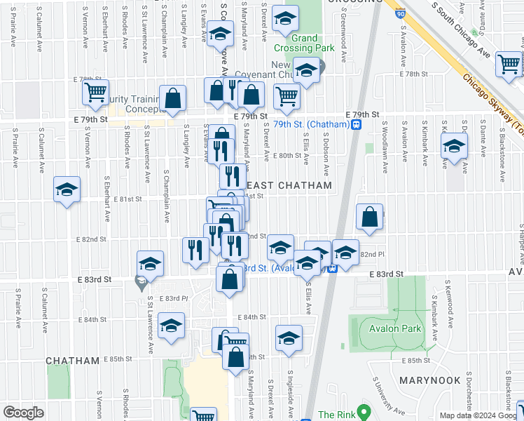 map of restaurants, bars, coffee shops, grocery stores, and more near 8126 South Drexel Avenue in Chicago