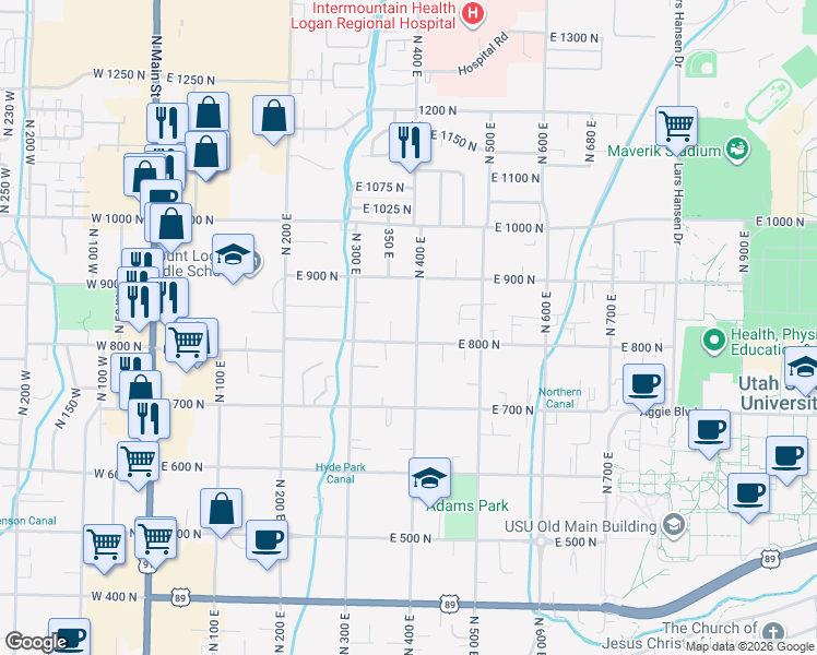 map of restaurants, bars, coffee shops, grocery stores, and more near 819 North 400 East in Logan