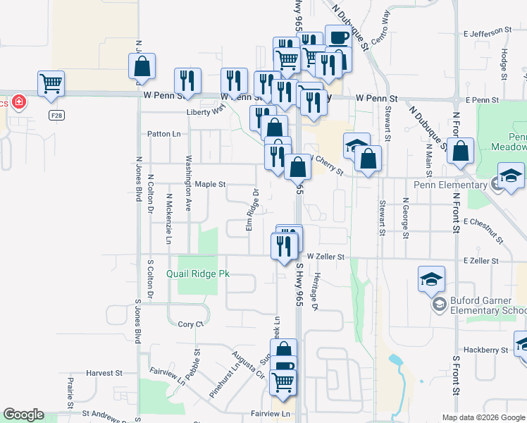 map of restaurants, bars, coffee shops, grocery stores, and more near 184 Elm Ridge Drive in North Liberty
