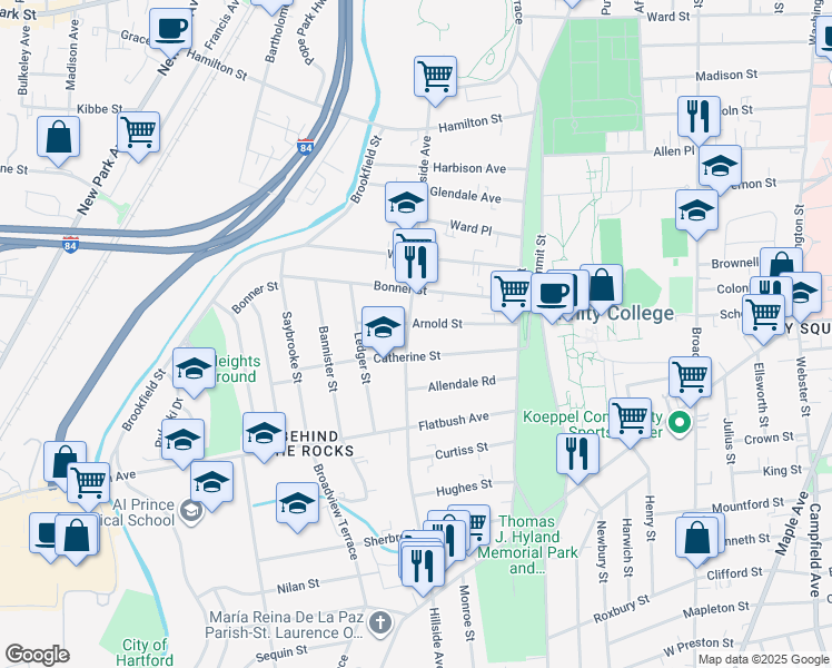 map of restaurants, bars, coffee shops, grocery stores, and more near 72 Catherine Street in Hartford