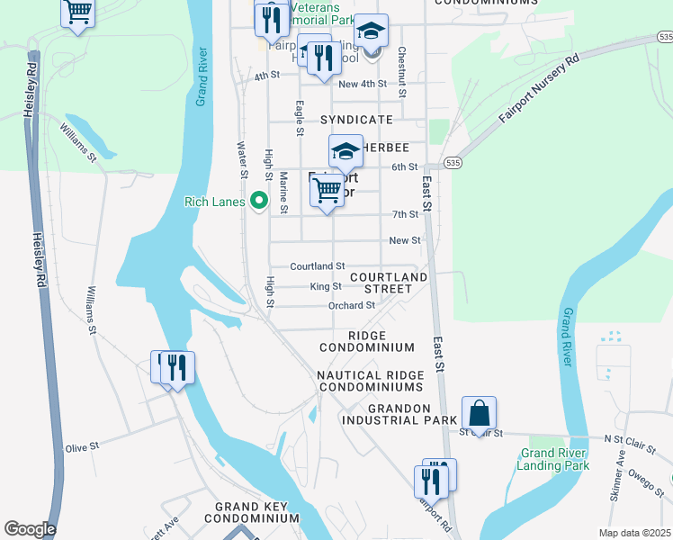 map of restaurants, bars, coffee shops, grocery stores, and more near 249 King Street in Fairport Harbor