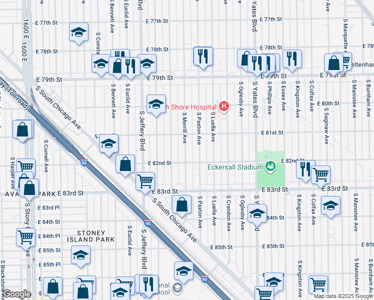 map of restaurants, bars, coffee shops, grocery stores, and more near 8154 South Paxton Avenue in Chicago