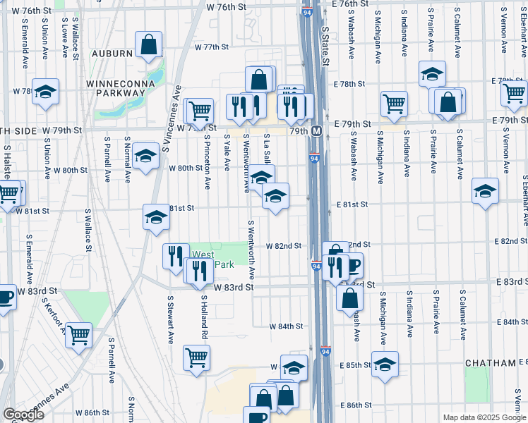 map of restaurants, bars, coffee shops, grocery stores, and more near 8124 South La Salle Street in Chicago