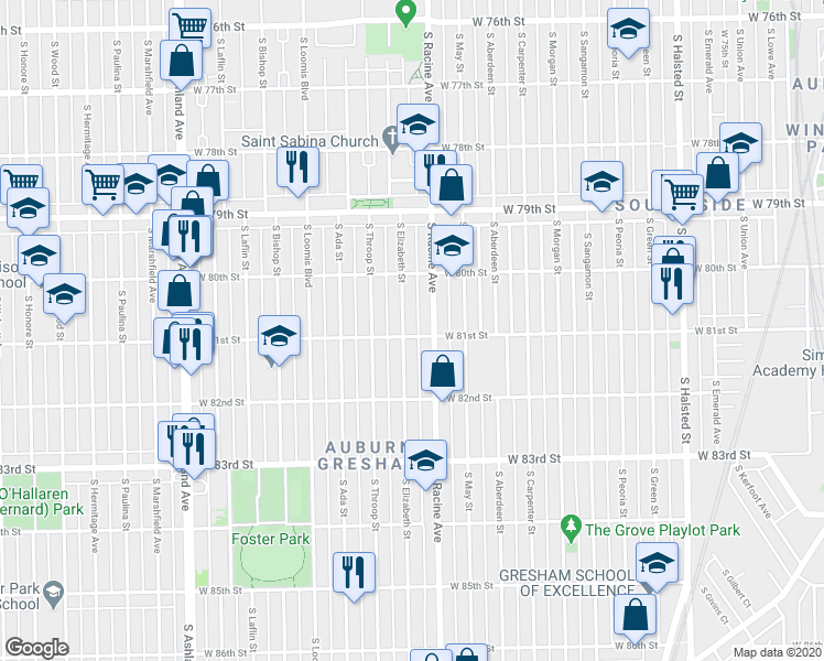 map of restaurants, bars, coffee shops, grocery stores, and more near 8110 South Racine Avenue in Chicago