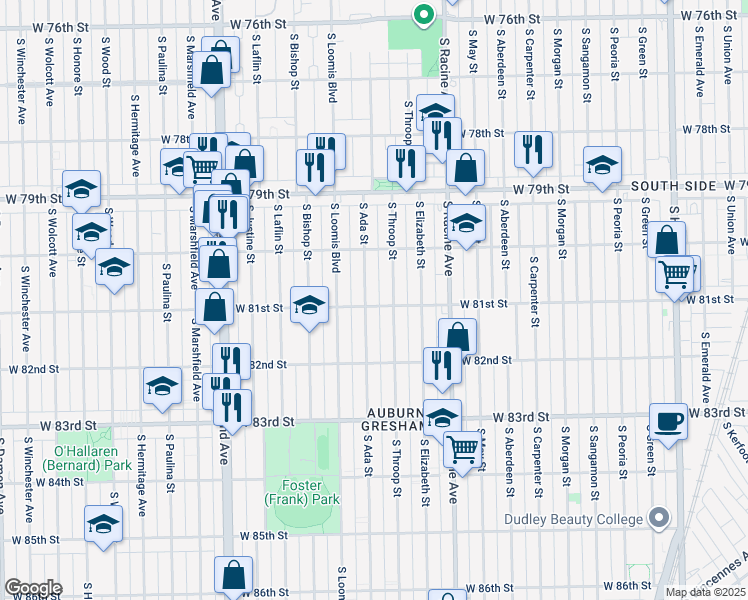 map of restaurants, bars, coffee shops, grocery stores, and more near 8109 South Ada Street in Chicago