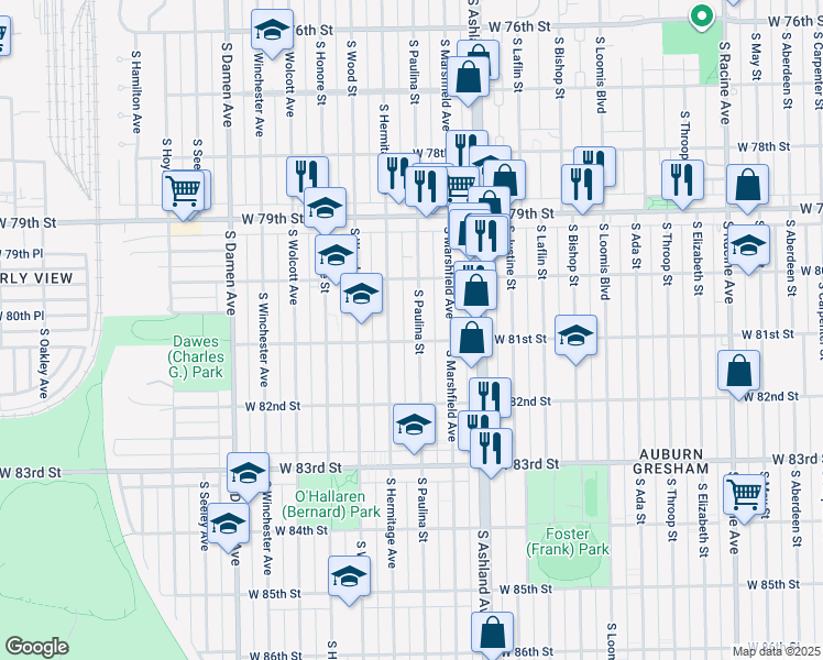 map of restaurants, bars, coffee shops, grocery stores, and more near 8102 South Paulina Street in Chicago