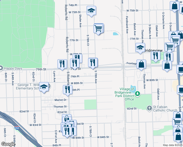 map of restaurants, bars, coffee shops, grocery stores, and more near 7801 79th Place in Bridgeview