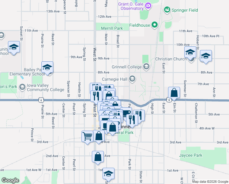 map of restaurants, bars, coffee shops, grocery stores, and more near 1102 Broad Street in Grinnell