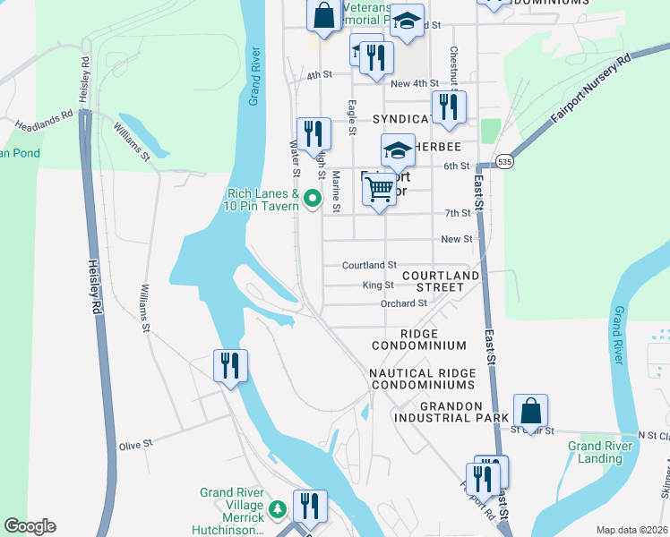 map of restaurants, bars, coffee shops, grocery stores, and more near 221 King Street in Fairport Harbor