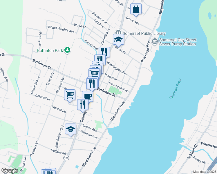 map of restaurants, bars, coffee shops, grocery stores, and more near 105 Buffinton Street in Somerset