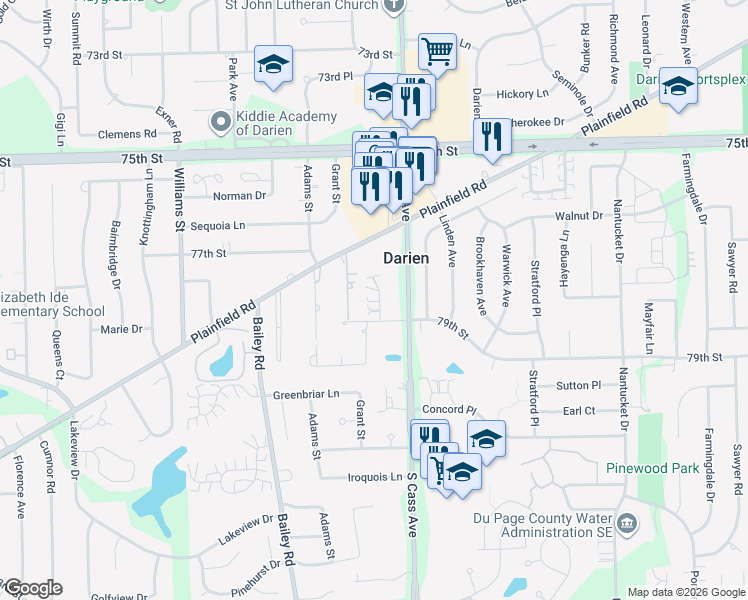 map of restaurants, bars, coffee shops, grocery stores, and more near 7730 Wildwood Court in Darien
