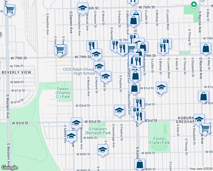 map of restaurants, bars, coffee shops, grocery stores, and more near 8049 South Wood Street in Chicago