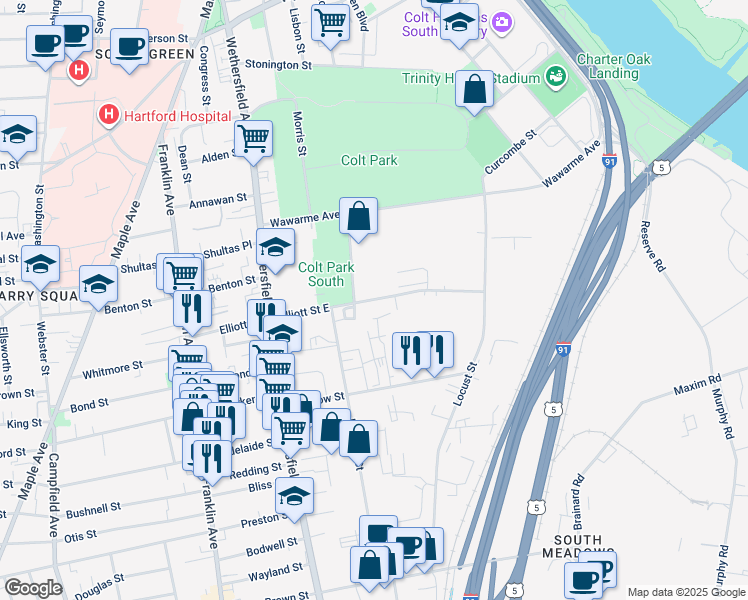 map of restaurants, bars, coffee shops, grocery stores, and more near 65 Elliott Street East in Hartford