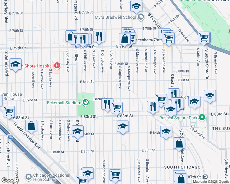 map of restaurants, bars, coffee shops, grocery stores, and more near 8139 South Colfax Avenue in Chicago