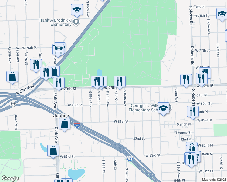 map of restaurants, bars, coffee shops, grocery stores, and more near 8447 West 79th Street in Justice