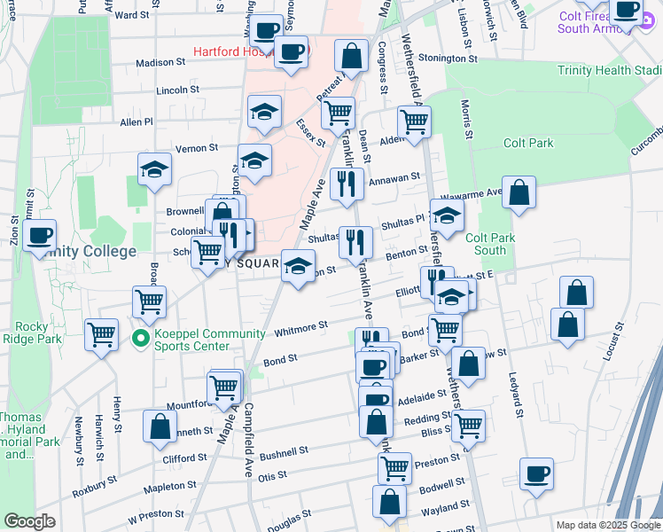 map of restaurants, bars, coffee shops, grocery stores, and more near 14 Warner Street in Hartford