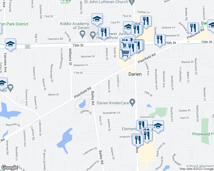 map of restaurants, bars, coffee shops, grocery stores, and more near 7802 Adams Street in Darien