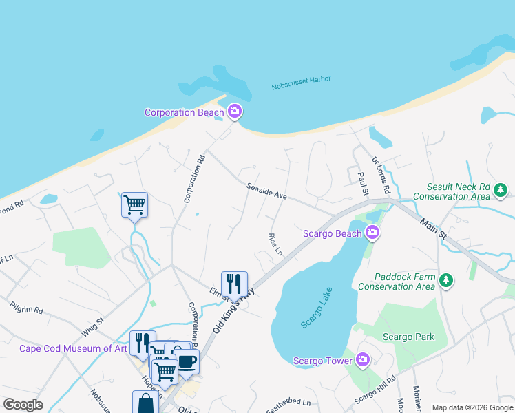 map of restaurants, bars, coffee shops, grocery stores, and more near 59 Seaside Avenue in Dennis