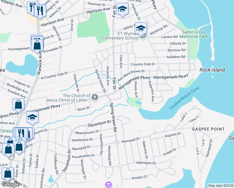map of restaurants, bars, coffee shops, grocery stores, and more near 69 Metcalf Street in Warwick
