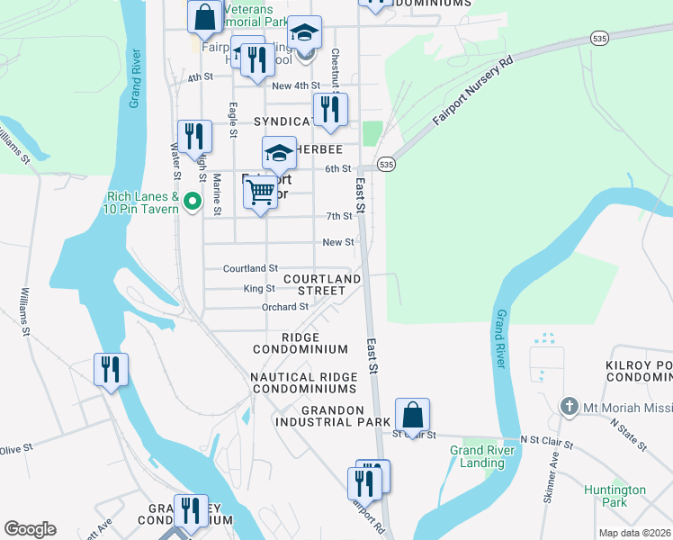 map of restaurants, bars, coffee shops, grocery stores, and more near 304 Villa East Drive in Fairport Harbor
