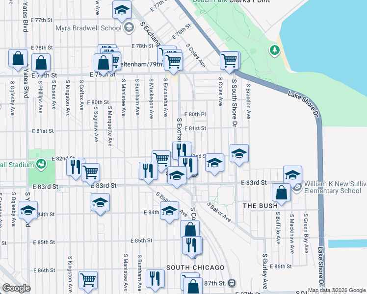 map of restaurants, bars, coffee shops, grocery stores, and more near 8139 South Exchange Avenue in Chicago