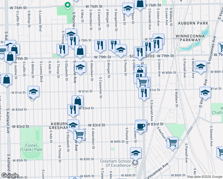 map of restaurants, bars, coffee shops, grocery stores, and more near 8059 South Morgan Street in Chicago