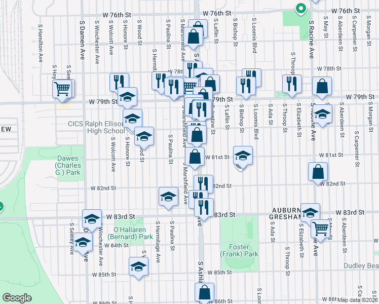 map of restaurants, bars, coffee shops, grocery stores, and more near 8101 South Marshfield Avenue in Chicago