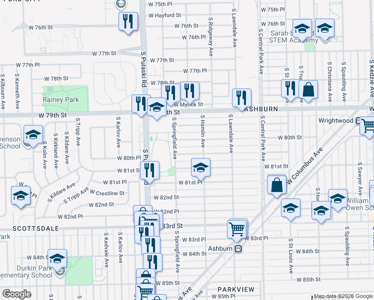 map of restaurants, bars, coffee shops, grocery stores, and more near 3839 West 80th Place in Chicago