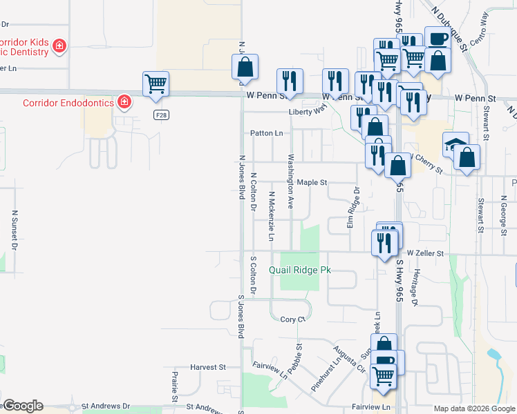 map of restaurants, bars, coffee shops, grocery stores, and more near 115 North Colton Drive in North Liberty