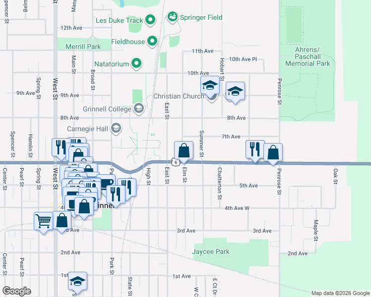 map of restaurants, bars, coffee shops, grocery stores, and more near 1119-1199 Elm Street in Grinnell