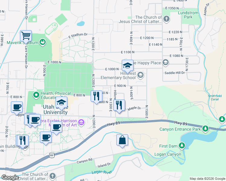 map of restaurants, bars, coffee shops, grocery stores, and more near 871 Hillcrest Avenue in Logan