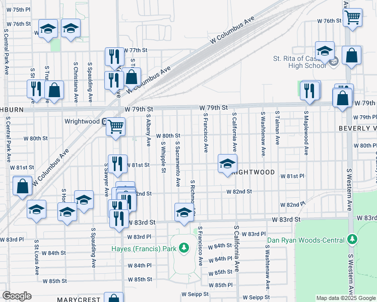 map of restaurants, bars, coffee shops, grocery stores, and more near 8032 South Richmond Street in Chicago