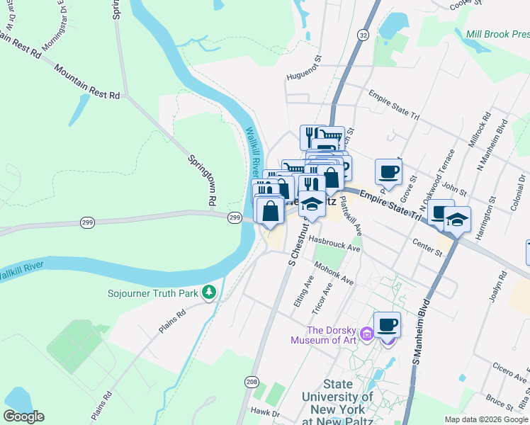 map of restaurants, bars, coffee shops, grocery stores, and more near 9 Huguenot Street in New Paltz