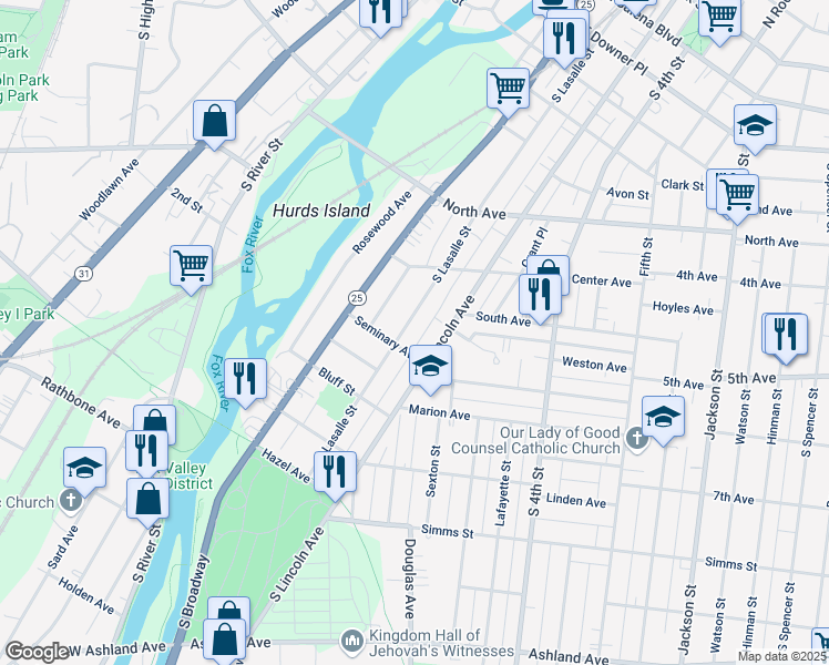 map of restaurants, bars, coffee shops, grocery stores, and more near 214 Seminary Avenue in Aurora