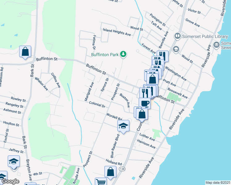 map of restaurants, bars, coffee shops, grocery stores, and more near 1 Buxton Avenue in Somerset