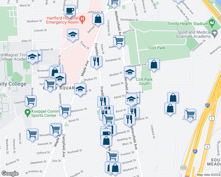 map of restaurants, bars, coffee shops, grocery stores, and more near 174 Franklin Avenue in Hartford