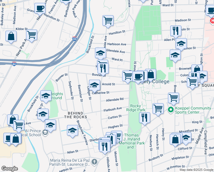 map of restaurants, bars, coffee shops, grocery stores, and more near 72 Catherine Street in Hartford