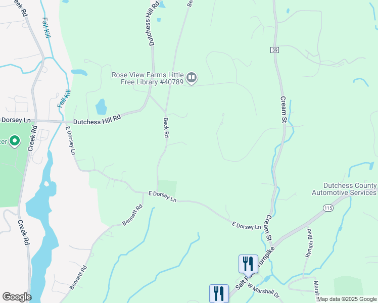 map of restaurants, bars, coffee shops, grocery stores, and more near 8 Rose Lane in Poughkeepsie