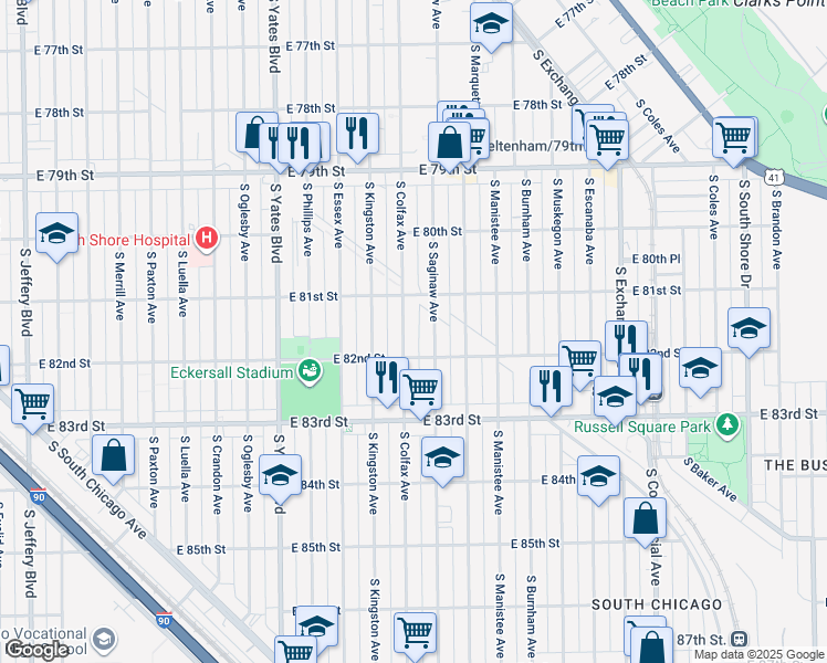 map of restaurants, bars, coffee shops, grocery stores, and more near 2600 East 82nd Street in Chicago