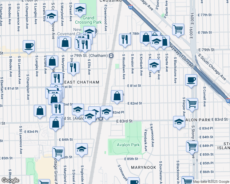 map of restaurants, bars, coffee shops, grocery stores, and more near 1117 East 81st Place in Chicago