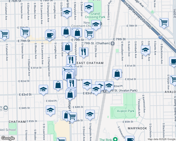 map of restaurants, bars, coffee shops, grocery stores, and more near 8116 South Ingleside Avenue in Chicago