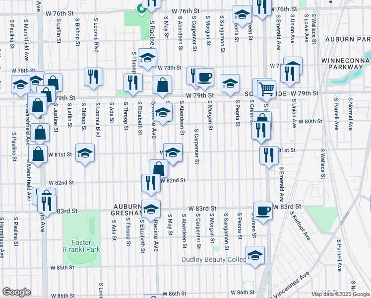 map of restaurants, bars, coffee shops, grocery stores, and more near 1054 West 81st Street in Chicago